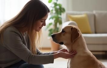 Trainer addressing a dog's fearful behaviour at home