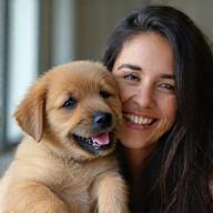 Sophie laughing with puppy at training centre